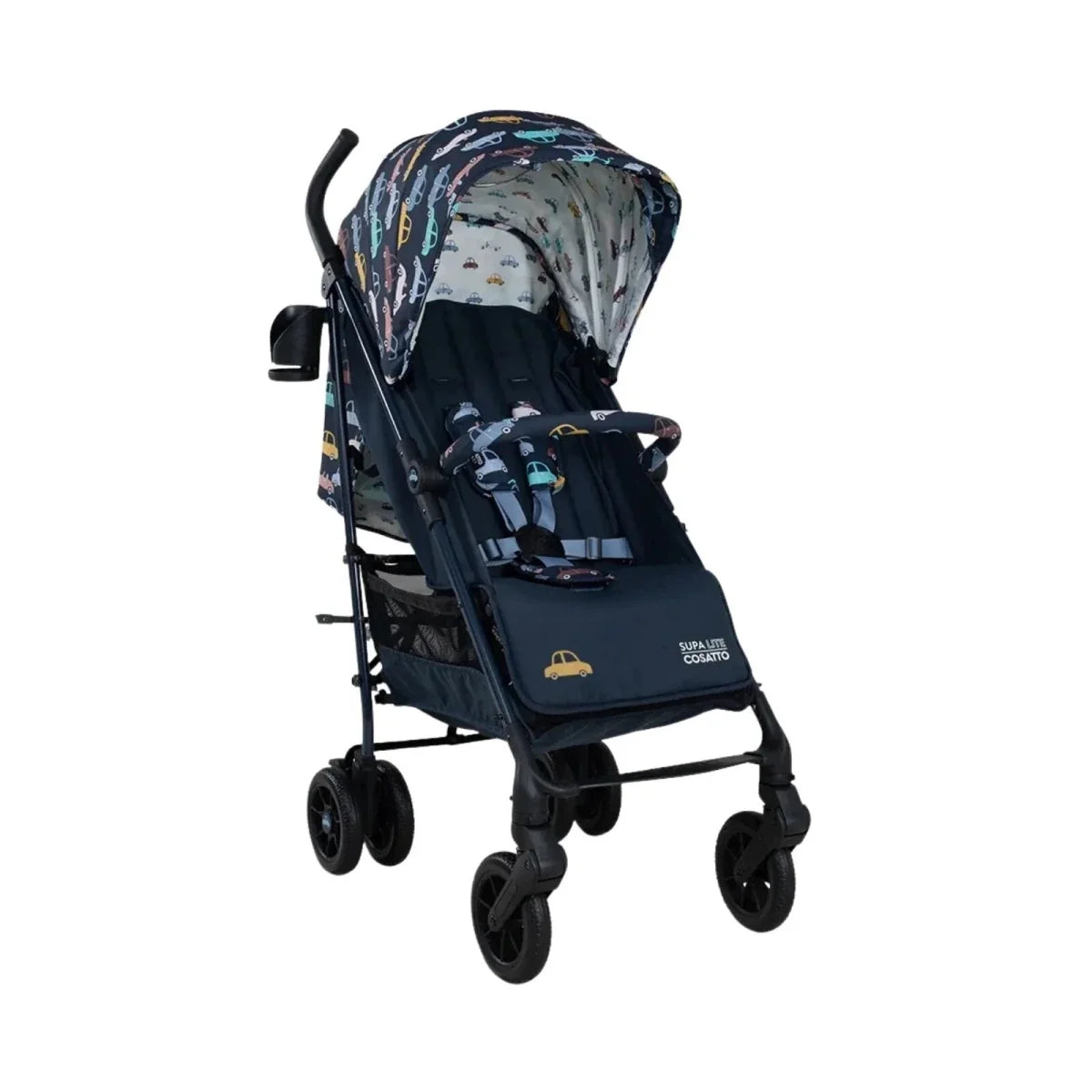 Compact stroller with navy seat and patterned canopy, front wheels and handle visible