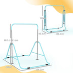 Light blue kids gymnastic bar with adjustable height legs and foldable horizontal bars, size view