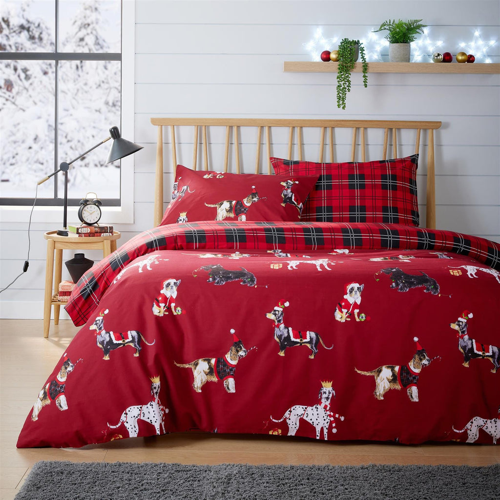 Festive Christmas Dogs Reversible Duvet Cover Set Cotton Rich OEKO-TEX Certified Bedding in Single Double King Sizes