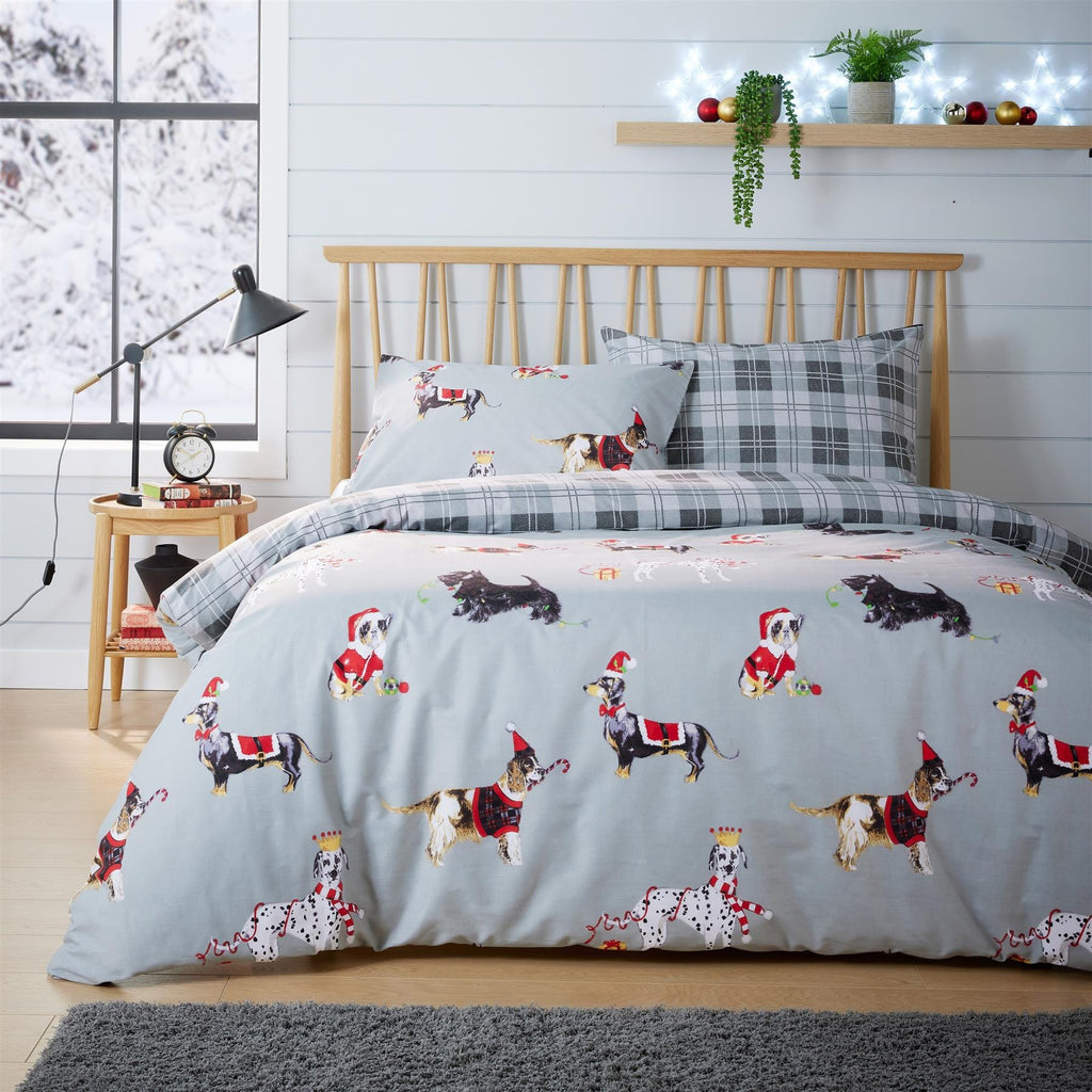 Festive Christmas Dogs Reversible Duvet Cover Set Cotton Rich OEKO-TEX Certified Bedding in Single Double King Sizes