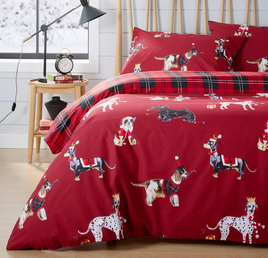 Festive Christmas Dogs Reversible Duvet Cover Set Cotton Rich OEKO-TEX Certified Bedding in Single Double King Sizes