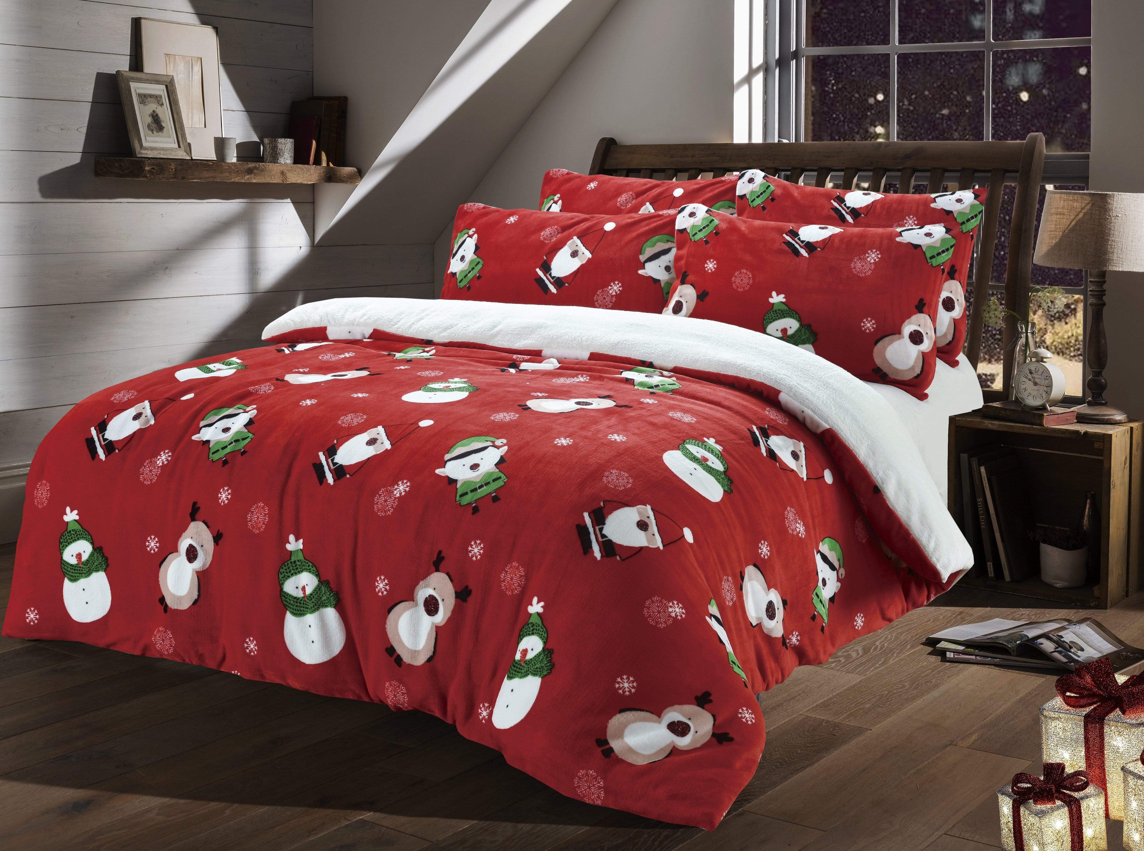 Festive Christmas Reversible Teddy Fleece Duvet Set with Faux Fur Warm Bedding in Single Double King Sizes