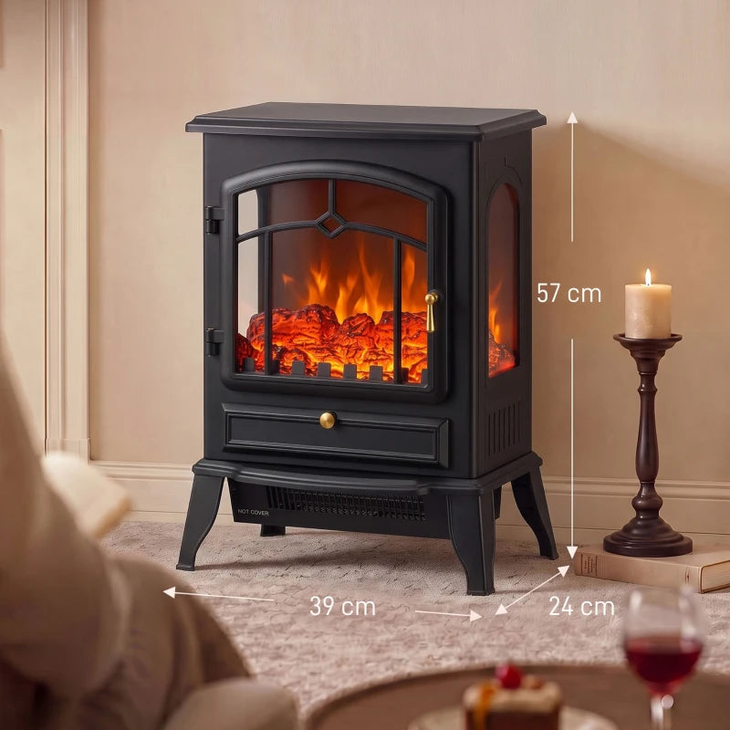 Black electric fireplace stove with front and side glass panels, standing on 4 legs