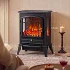 Black electric fireplace stove with front and side glass panels, standing on 4 legs