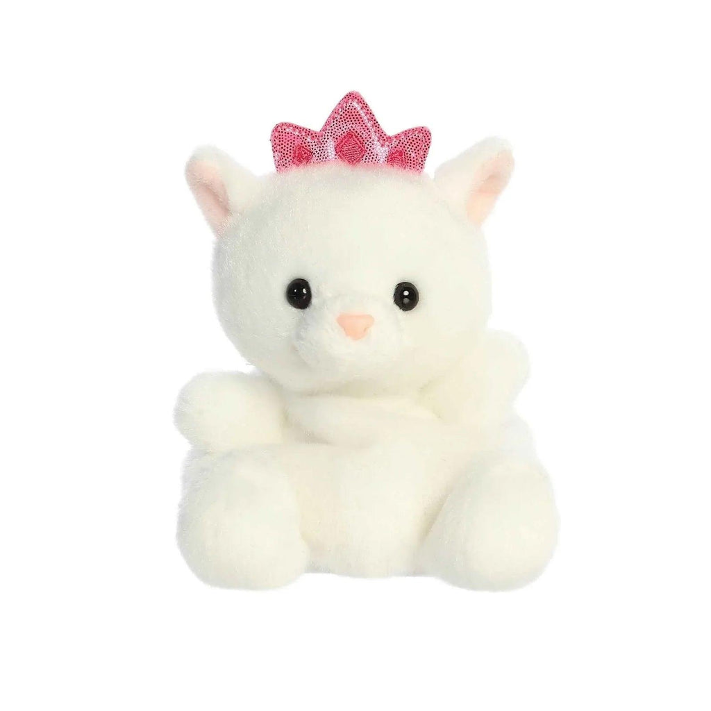 White plush princess kitty soft toy with pink glitter bow and round black eyes