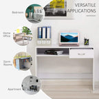 White desk with open shelf and drawer for a home office workstation.
