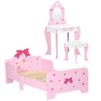 Kids pink princess bedroom furniture set: bed, vanity table with mirror, and stool