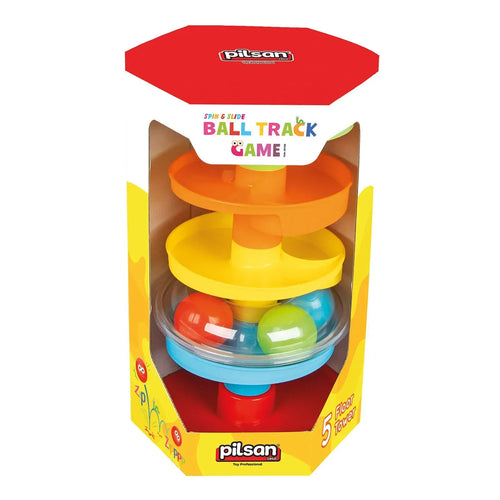 Plastic ball track rattle game with stacked spiral tracks and multi-color balls