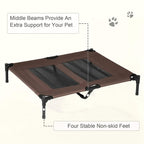 Brown elevated pet cot with central support bar and non-slip feet