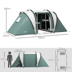 Two-room dark green tent with labeled dimensions for width, height, and length