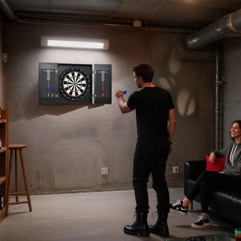 Wall-mounted black dartboard cabinet with bristle dartboard and attached scoring panels.