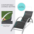 Curved sun lounger with dark mesh seat, low back, and silver frame