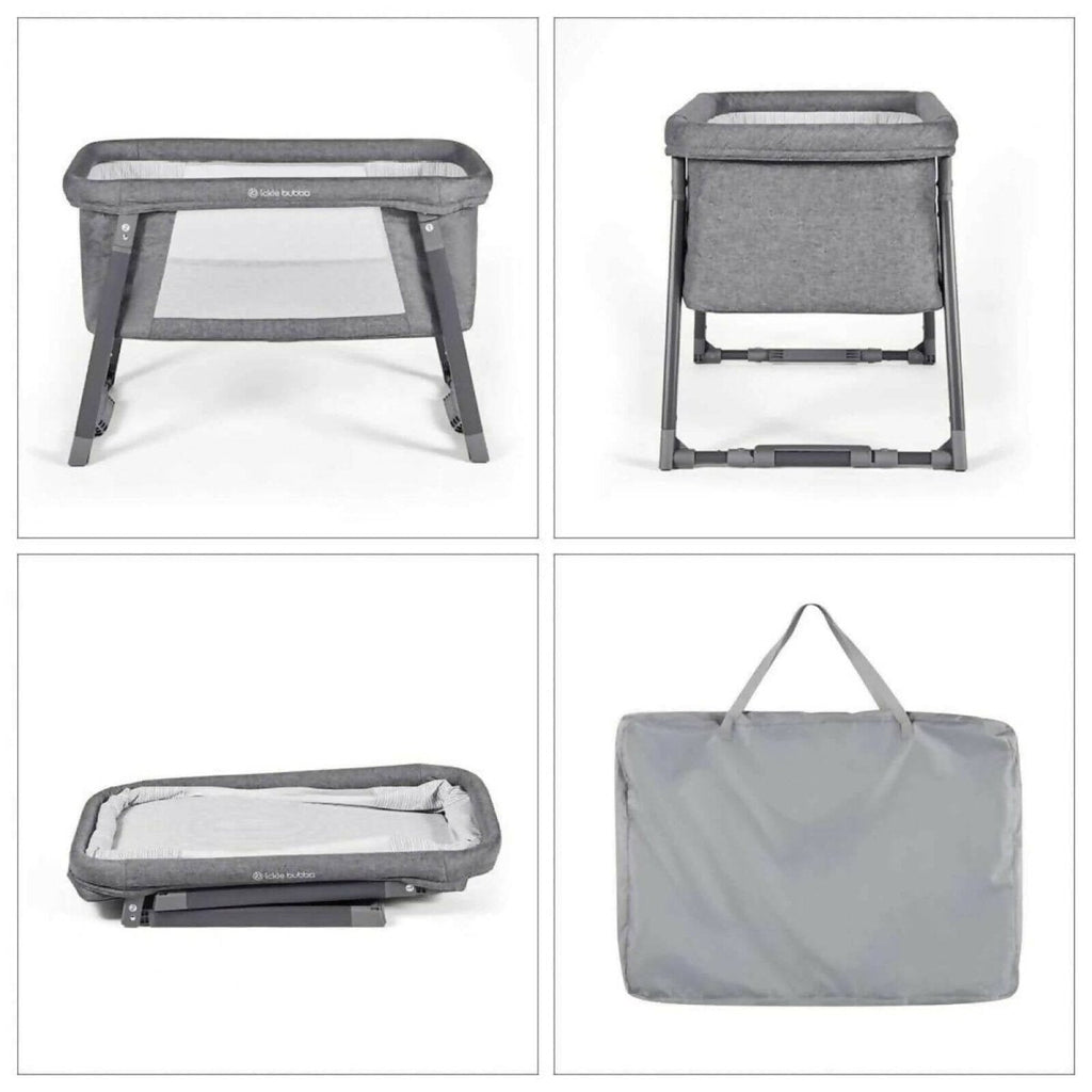 Space Grey mini crib parts and accessories: view of cradle, legs, mattress, and bag.