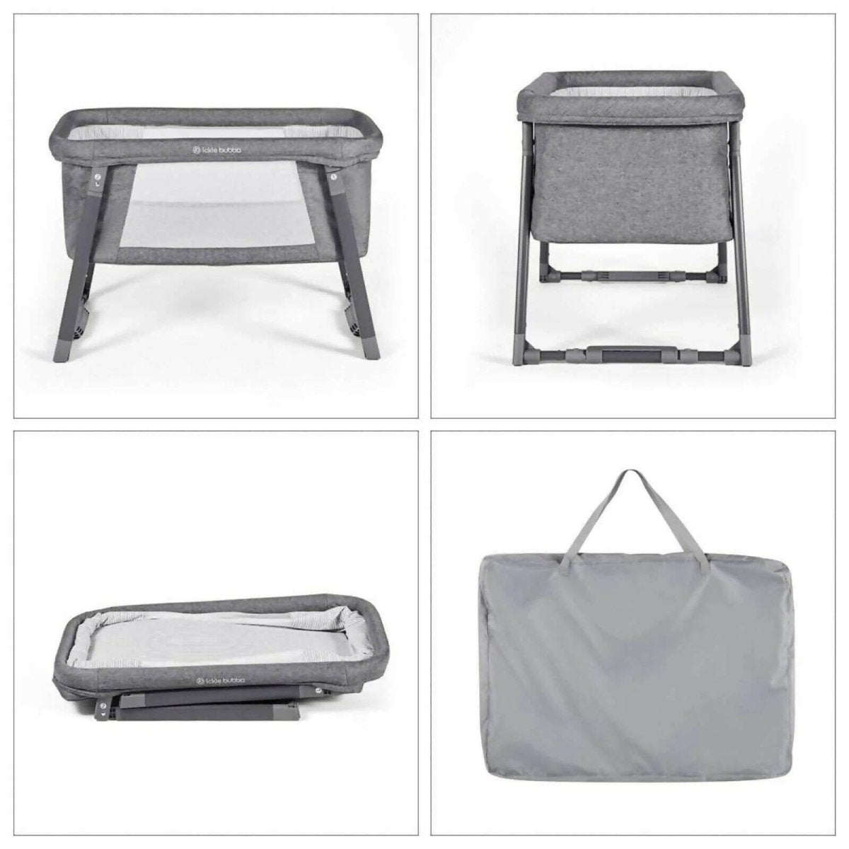 Space Grey mini crib parts and accessories: view of cradle, legs, mattress, and bag.