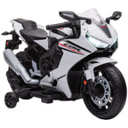White kids ride-on motorcycle with black tires and training wheels, front 3/4 view