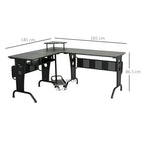 Black L-shaped corner desk with CPU rack and vented side panels, sturdy steel frame.