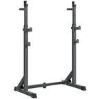 Adjustable power squat rack with two upright posts, multi-height pegs, and base stabilizers