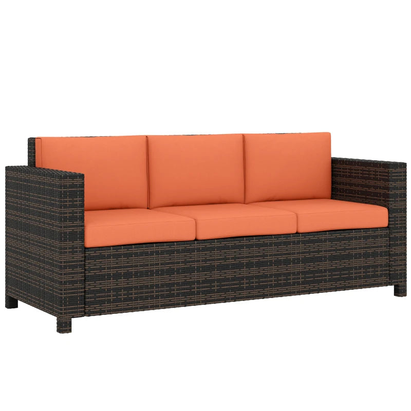 Orange 3-seat outdoor sofa with dark woven rattan frame and padded back cushions