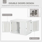 White dog cage and side table with double doors and safety latch hardware