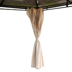 Beige curtain panels tied back at the top beam with fabric tie straps