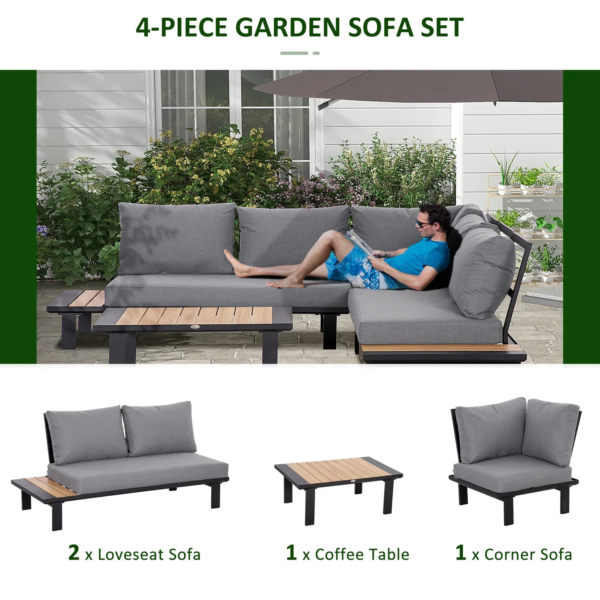 4 Pieces Aluminium Garden Furniture Set L Shape Sofa Set with Tables, Cushions for Indoor, Garden, Patio, Dark Grey - Bobobiy