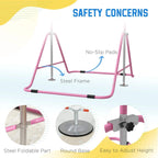 Pink kids gymnastic bar with steel frame, round base feet, and no-slip pads