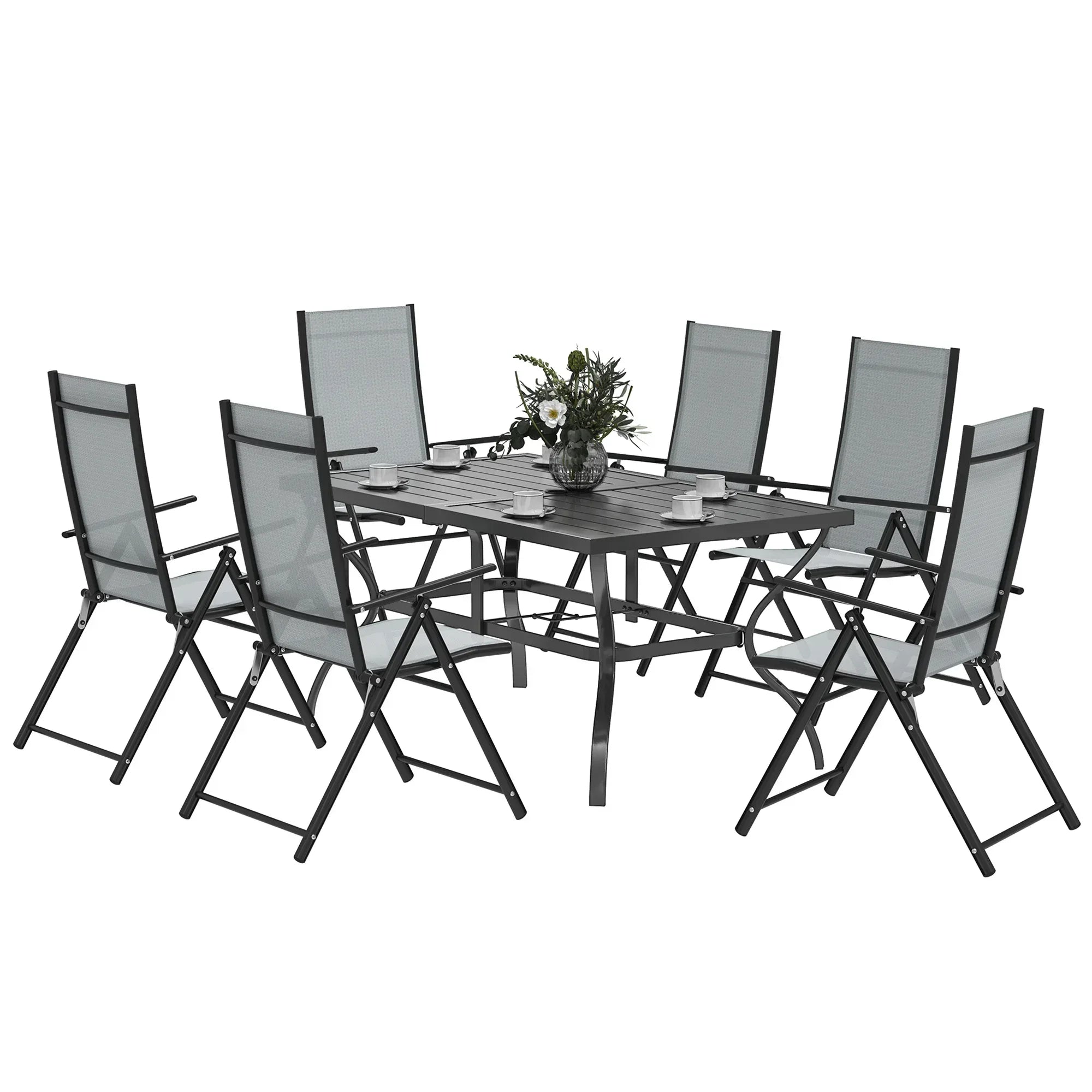 Seven-Piece Steel Outdoor Dining Set, with Parasol Hole - Grey - Bobobiy