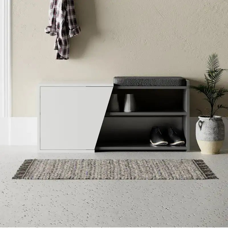 Fiona shoe storage bench with hinged side, white and dark anthracite, open shoe shelves