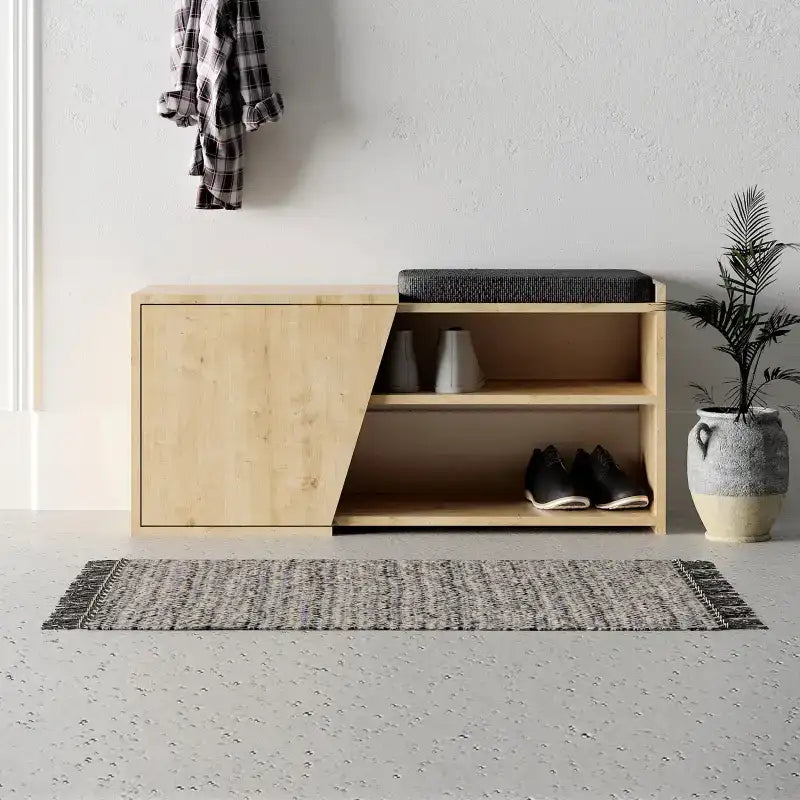 Fiona shoe storage bench with open shelves, light wood door panel and anthracite seat