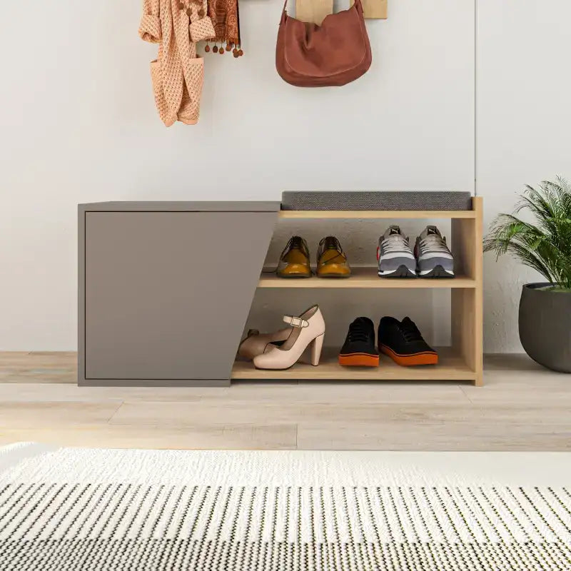 Fiona shoe storage bench with hinged door, light wood shelves and grey side panel, open