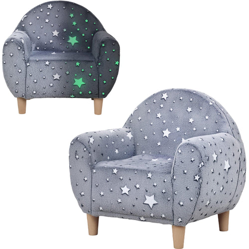 Kids grey armchair with star print, glow-in-the-dark accents, rounded seat and arms