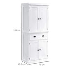 White freestanding kitchen cupboard with four doors and two drawers, full height view