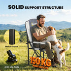 Light grey padded camping chair with sturdy metal frame and anti-slip feet