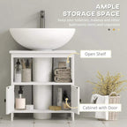White under-sink bathroom vanity cabinet with open shelf and cabinet-door storage