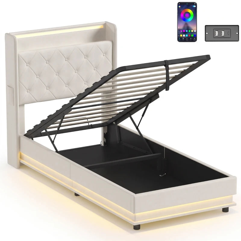 Cream upholstered single bed frame with tufted headboard and lifted hydraulic storage base