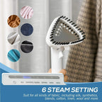 Steam nozzle head ironing a plaid fabric; 6 steam settings shown
