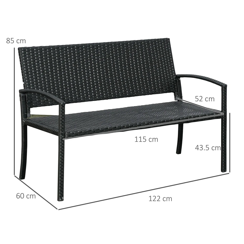 2 Seater Poly Rattan Garden Bench, All Weather Wicker Garden Loveseat, Outdoor Seating Bench with 240 Load Capacity, Backrest and Armrests for Patio, Terrace, Balcony, Black - Bobobiy