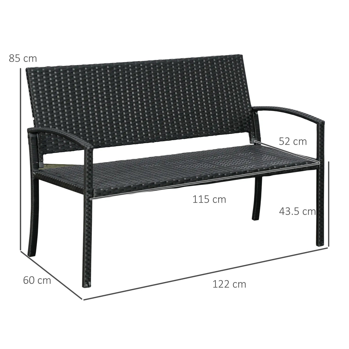 Black rattan garden bench with dimensions labeled: 122 cm wide, 60 cm deep, 85 cm high