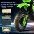 Green electric ride-on motorcycle scooter with anti-slip tread wheels and suspension