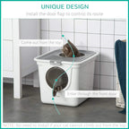 White enclosed litter box with front entrance and top exit opening above cat