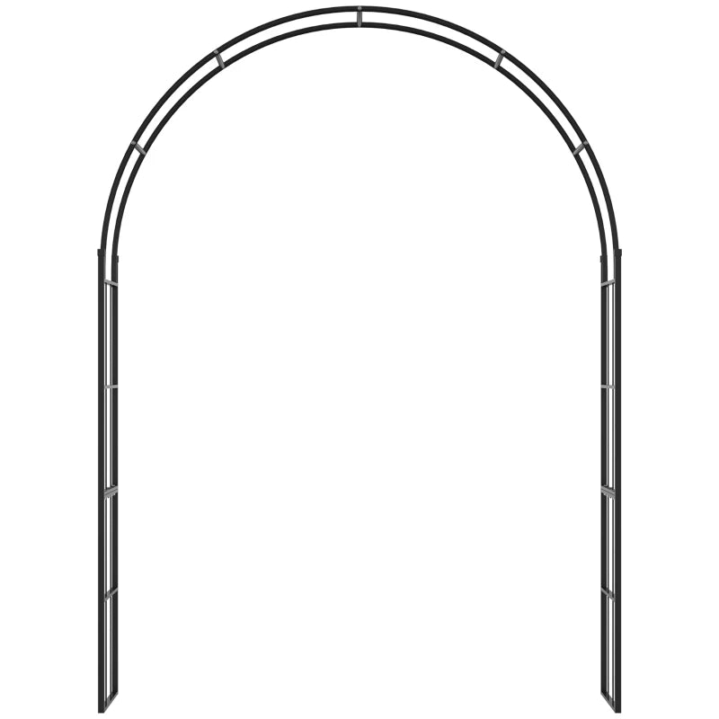 Black metal garden arch trellis frame with curved top and open lattice sides