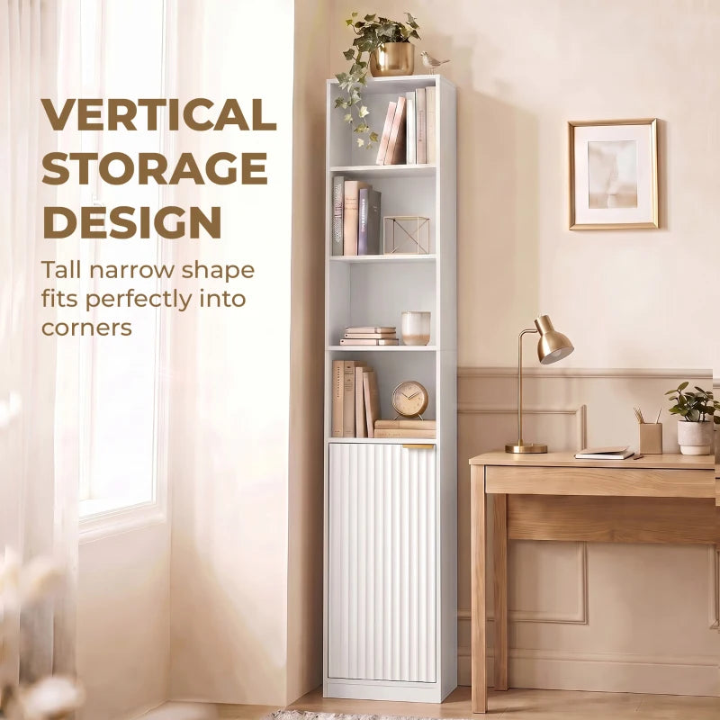 White wood-effect tall narrow bookcase with vertical ribbed cabinet base