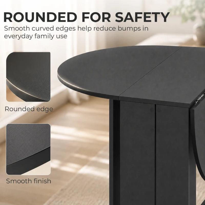 Black drop-leaf folding dining table with smooth rounded tabletop edges