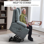 Lift-and-recline massage armchair raised to assist standing, with side controls and cup holder