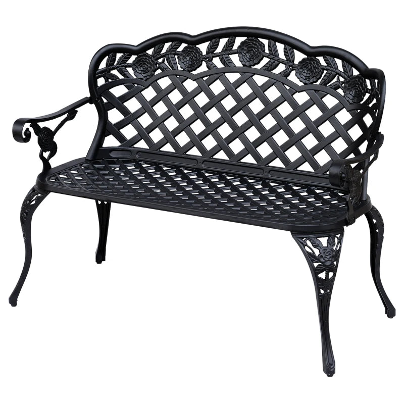 Black cast aluminum garden bench with arched back and slatted seat
