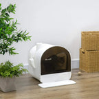 White hooded cat litter box with front entrance and slide-out tray
