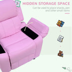 Kids pink PU leather recliner with hidden storage compartment in the armrest