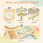 Wooden drum kit set with mallets, three white drums, and a row of xylophone keys