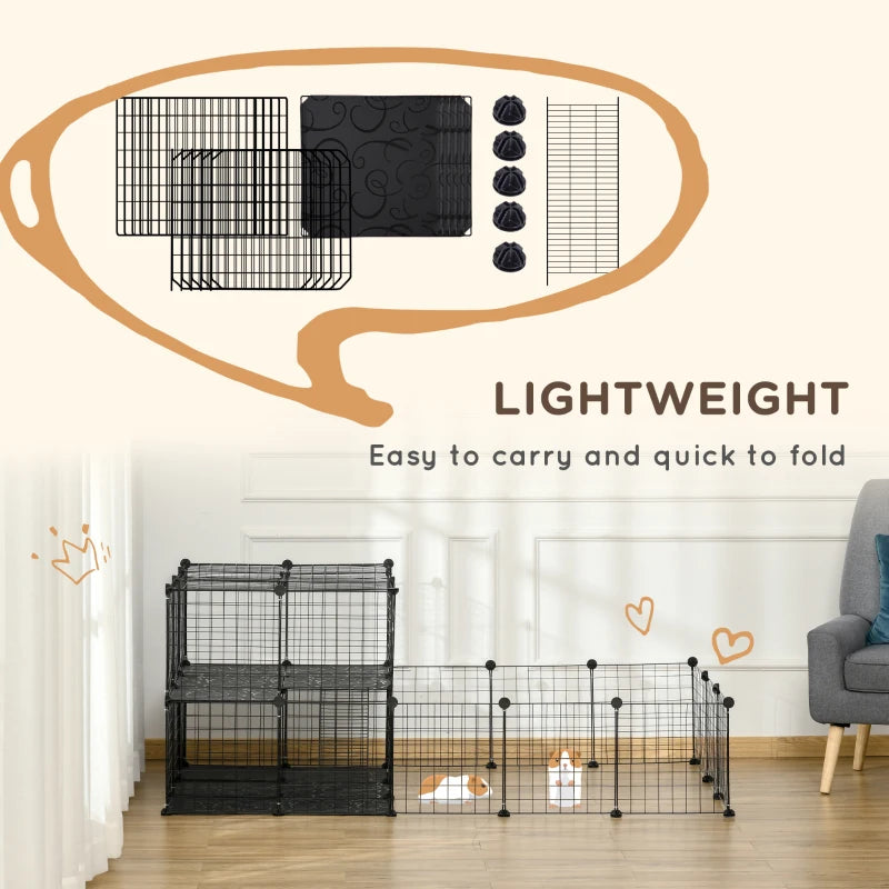 Lightweight foldable black metal mesh pet playpen shown folded and expanded layouts