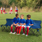 Blue 6-seater folding camping chair with black metal legs and side cup holder